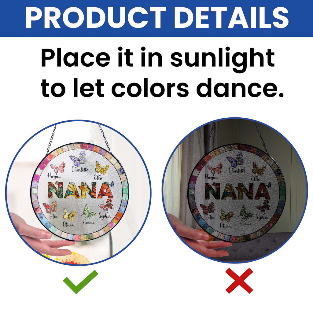 Personalized Nana Stained Glass Suncatcher. Gift for Grandma. Custom Butterfly & Birth Month Flower with Grandkid's Names