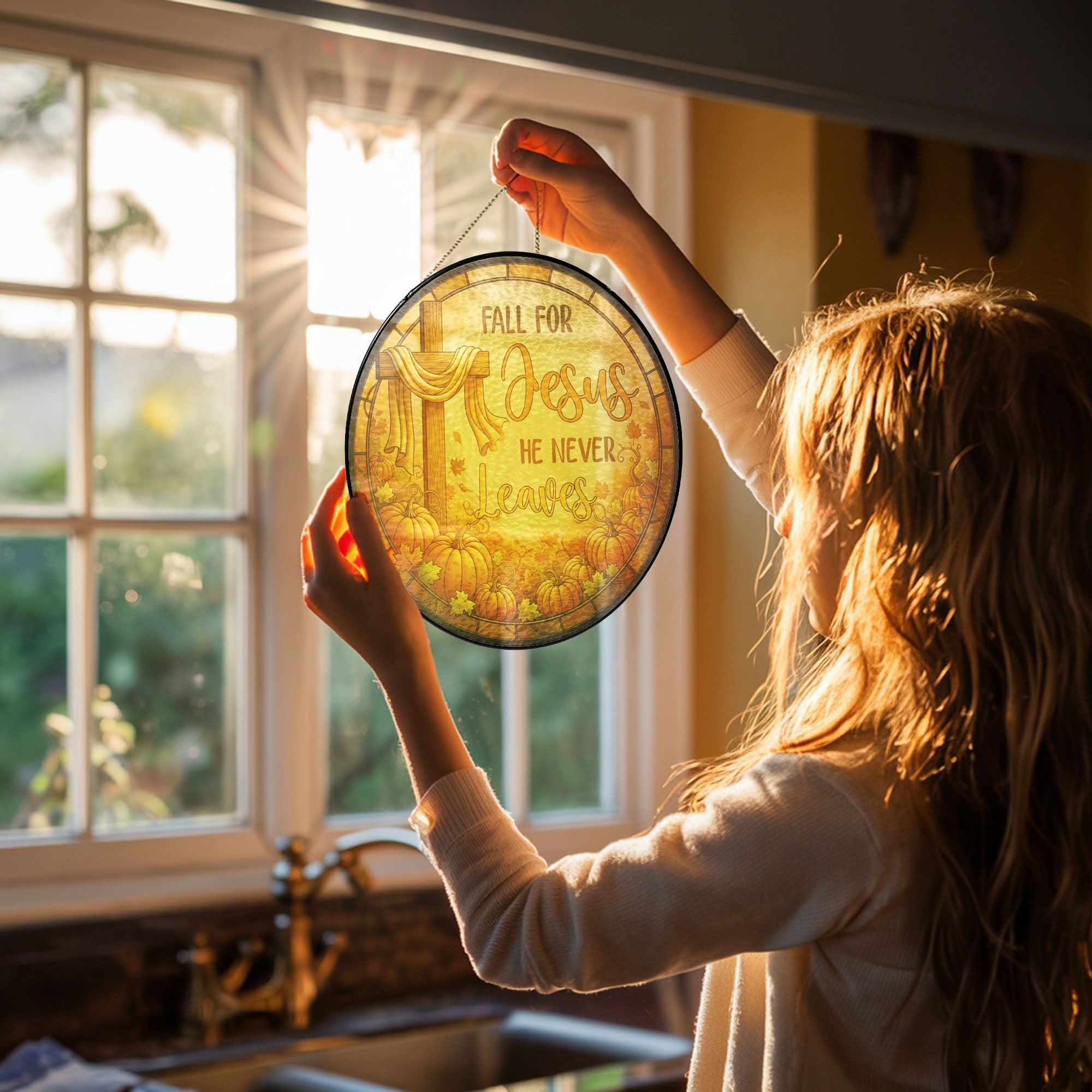 Fall Thanksgiving Pumpkins Stained Glass Suncatcher Fall for Jesus He Never Leaves