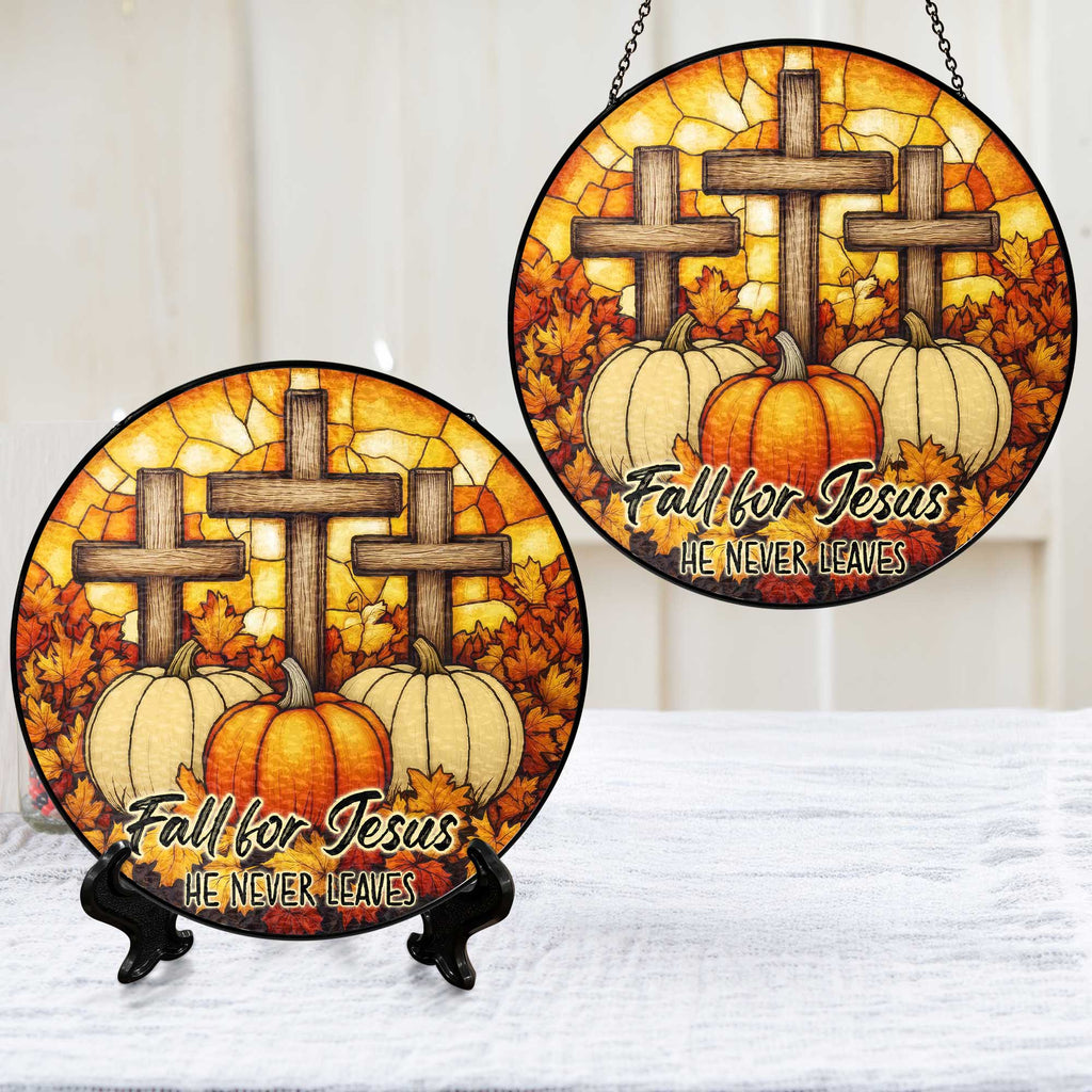 Fall for Jesus He Never Leaves Cross Pumpkin Autumn Stained Glass Suncatcher