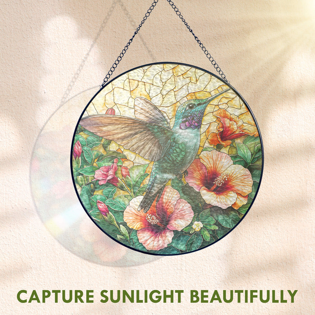 Flagwix Hummingbird Stained Glass Suncatcher – Colorful Flower Window Art. Handmade Durable Glass Ornament. Perfect Gift for Nature Lovers 3-Day Shipping