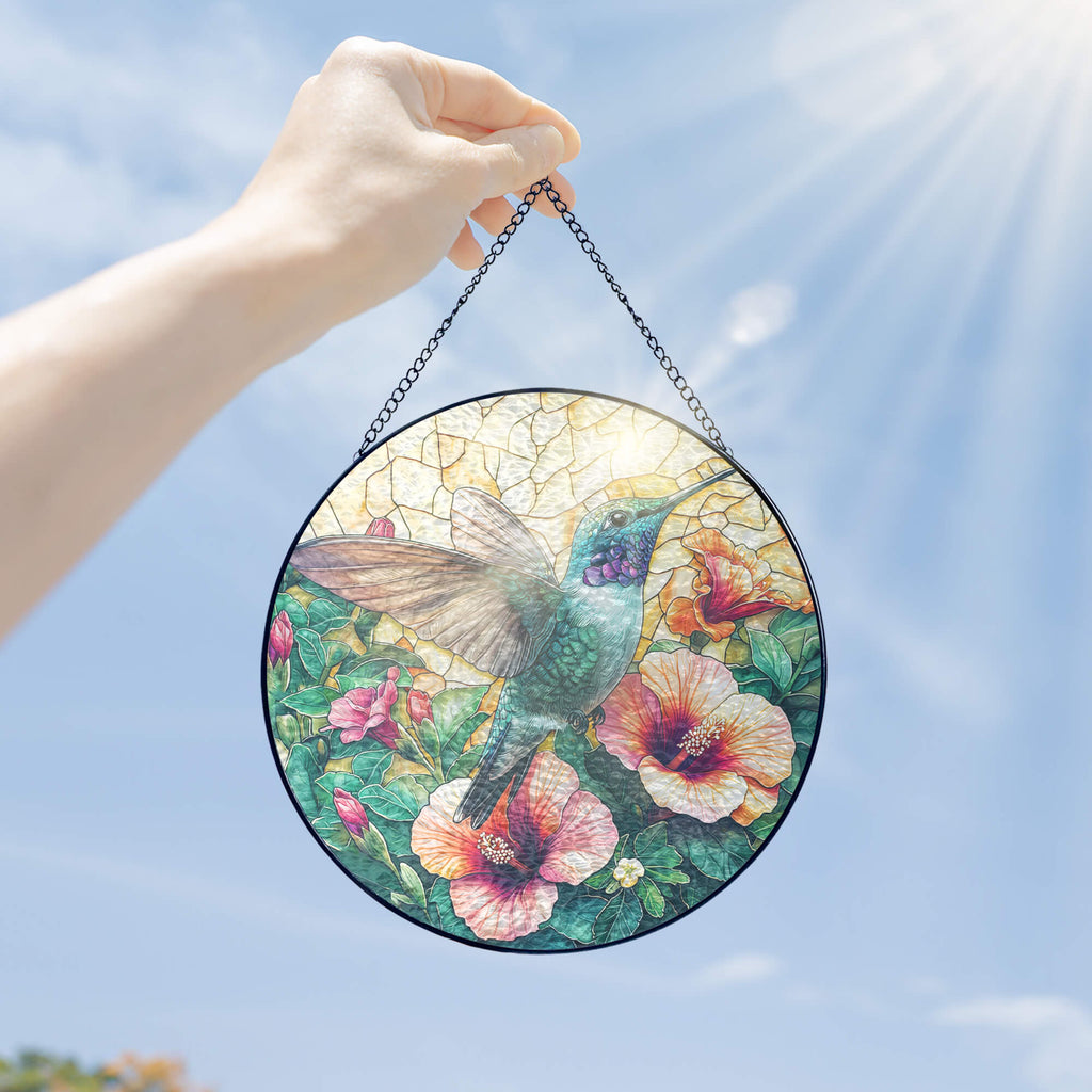 Flagwix Hummingbird Stained Glass Suncatcher – Colorful Flower Window Art. Handmade Durable Glass Ornament. Perfect Gift for Nature Lovers 3-Day Shipping