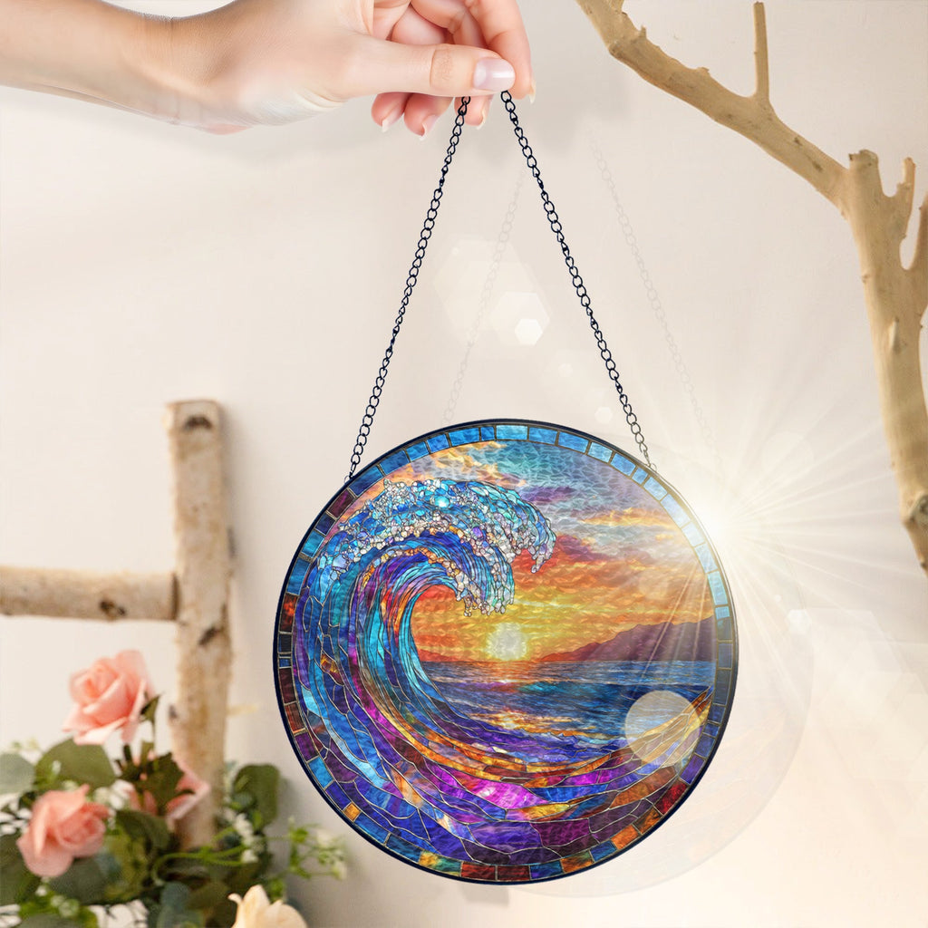 Ocean Wave Stained Glass Suncatcher - Beach Sunset Window Hanging for Coastal Home Decor 3-Day Shipping