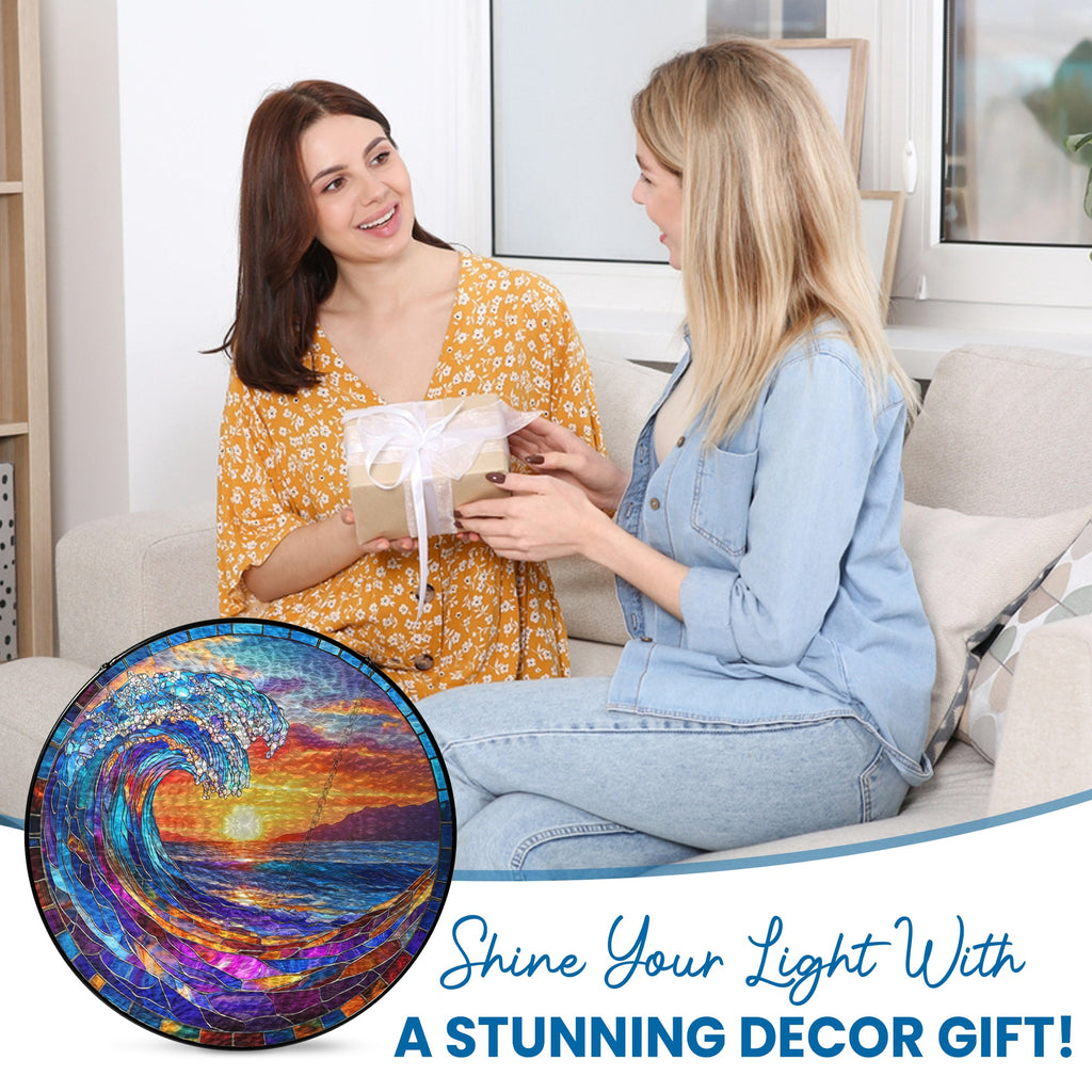 Ocean Wave Stained Glass Suncatcher - Beach Sunset Window Hanging for Coastal Home Decor 3-Day Shipping