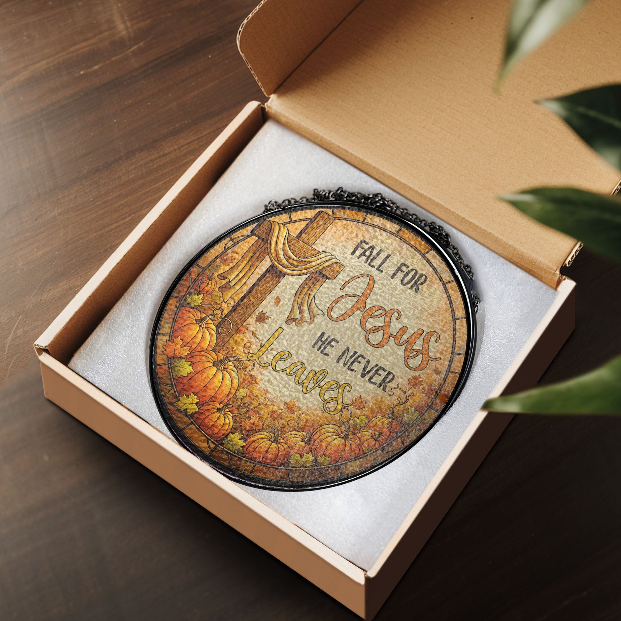 Fall Thanksgiving Pumpkins Stained Glass Suncatcher Fall for Jesus He Never Leaves